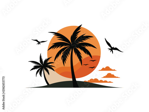 Tropical sunset, palm trees, orange sky, vector illustration, summer vacation, beach scene