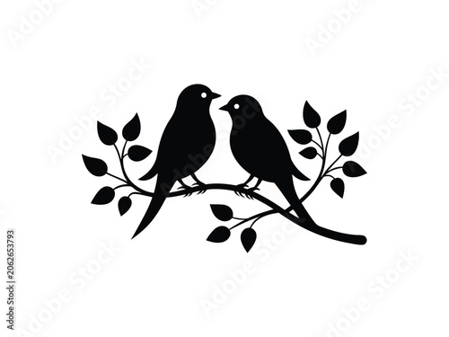 Black silhouette birds on branch, bird silhouettes, tree branch icon, leafy branch illustration, animal icons