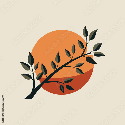 Minimalist sunset, orange leaf branch, nature icon, vector graphic
