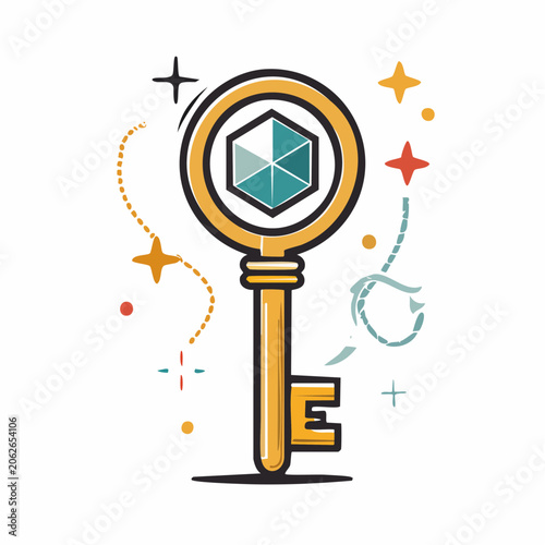 Golden Key with Geometric Gem and Sparkles