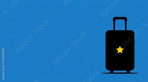 Minimalist black silhouette of a suitcase with a yellow star on a blue background. Premium travel and VIP luggage concept. Copy space for text