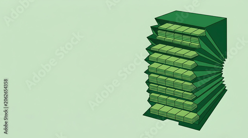 Expanding green accordion folder holding stacks of rectangular blocks. Vector illustration of a stylized file organizer with money or data. Financial growth concept. Copy space for text
