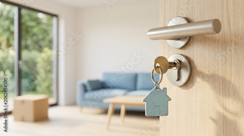 Key in door lock with house-shaped keychain, modern living room background