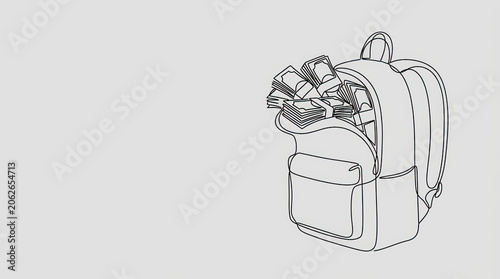 Continuous line art illustration of a backpack full of money. Minimalist single line drawing of an open bag with stacks of cash. Copy space for text