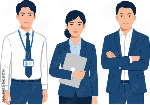 Businesspeople Illustration With Tablets And Lanyards, Flat Vector Style