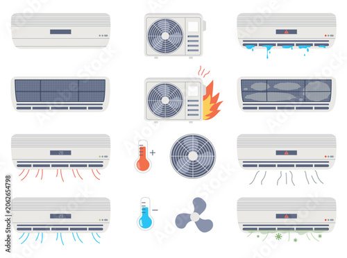 Vector set of HVAC air conditioner repair, maintenance and troubleshooting icons with breakdown, overheating, cooling system service and cleaning concepts in flat cartoon style