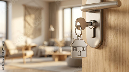 House key with keychain hanging in open door to modern, sunlit apartment interior