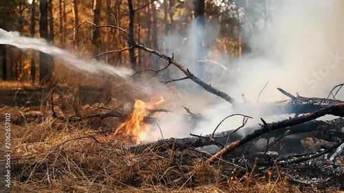 Forest Wildfire Extinguishing Scene with Smoke, Flames, and Water Spray Highlighting Firefighting and Environmental Protection