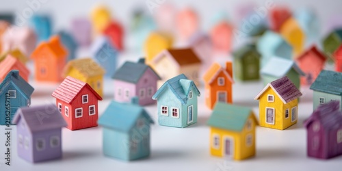 Miniature toy houses in various vibrant colors arranged to represent a diverse neighborhood or real estate market options