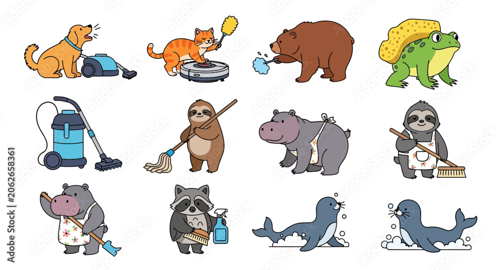 Fototapeta premium Cute cartoon animals performing various household cleaning chores set.