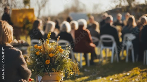 Outdoor funeral service with yellow roses in focus. Blurred crowd of mourners attending a memorial ceremony on a sunny day. Grief and remembrance concept