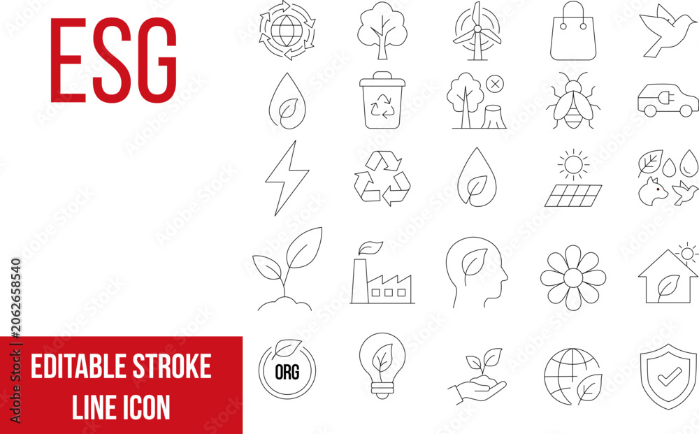 Fototapeta premium ESG editable stroke line icons set for eco friendly business and investment strategies
