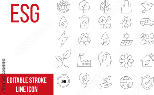 ESG editable stroke line icons set for eco friendly business and investment strategies