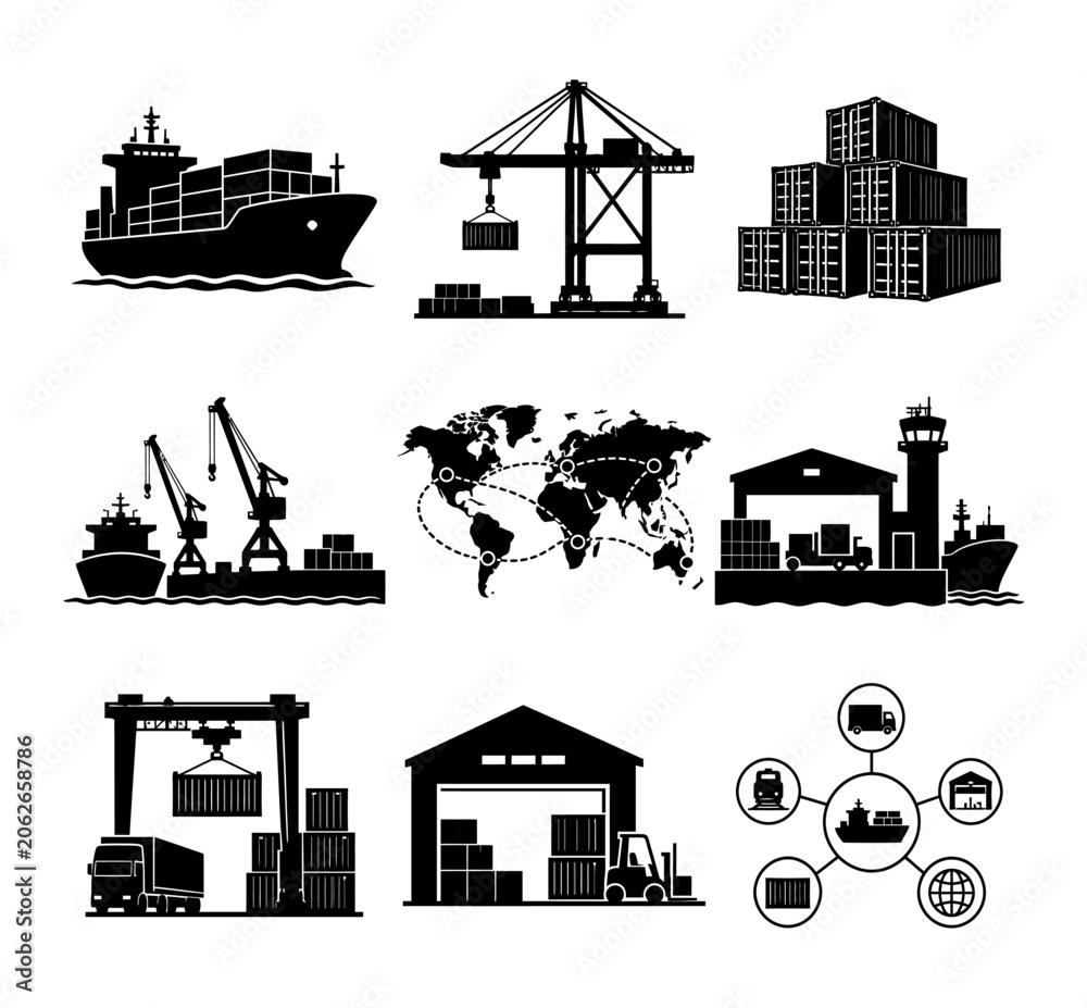 Obraz premium Logistics and shipping icon set with cargo ship crane warehouse and global network silhouette