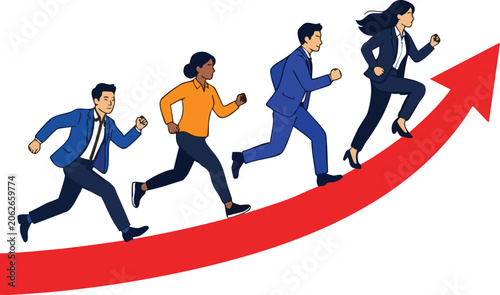 Running Businesspeople On Red Arrow, Vector Illustration
