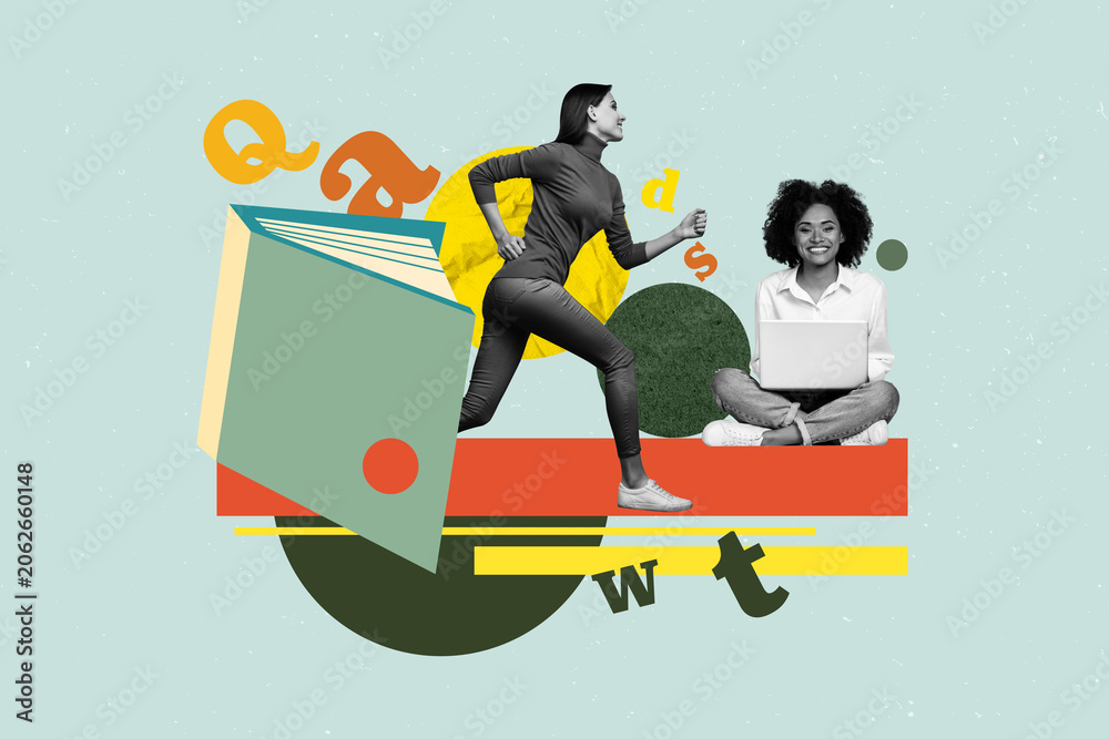 Naklejka premium Pop art full zine photo collage of happy girl guy stand library academic book stack education learner letters vocabulary encyclopedia