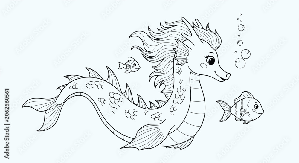 Fototapeta premium Black and white coloring page illustration of a magical dragon seahorse swimming with little fish under the sea.