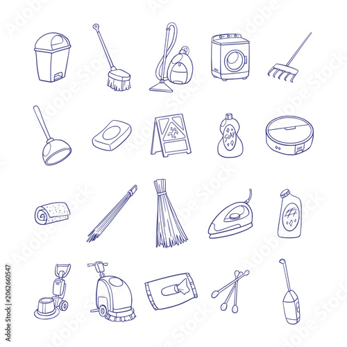 Hand Drawn Household Cleaning Equipment Icon Collection