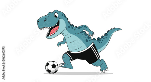 Energetic cartoon dinosaur wearing black sports shorts plays soccer while kicking a classic black and white ball.