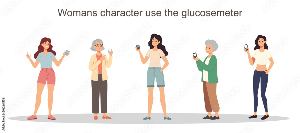 Obraz premium Womans character use the glucosemeter illustration