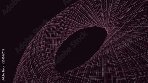 Luminous rose quartz parametric lines weave into an intricate torus knot structure, swirling gently across an all-over dark field. This elegant mathematical geometry creates a mesmerizing, premium 