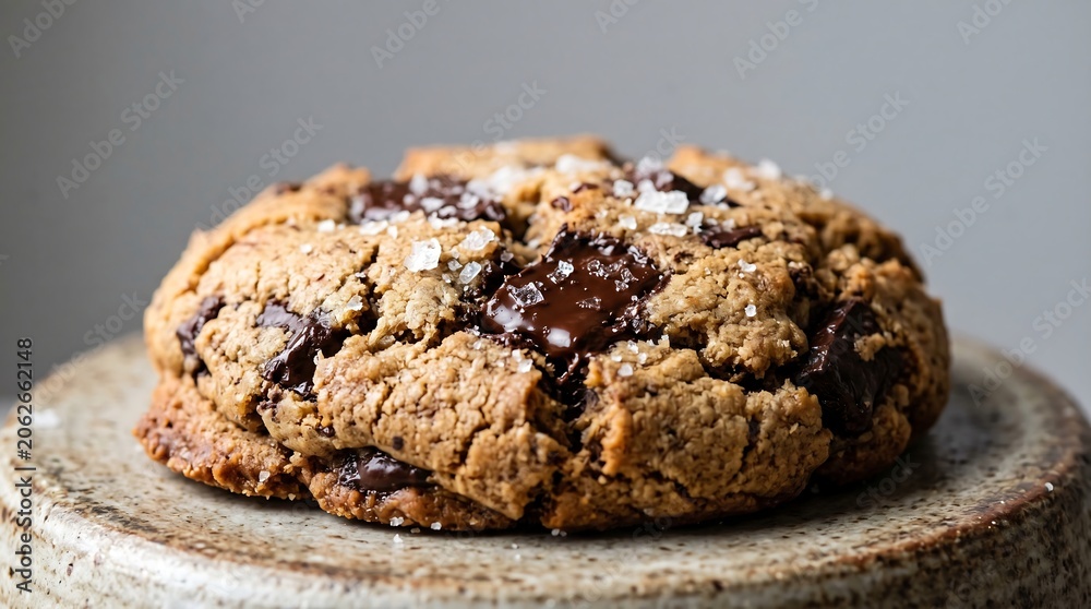 Fototapeta premium Warm chocolate chip cookie with melted dark chocolate and sea salt