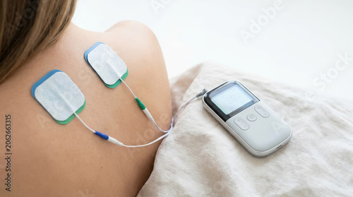 TENS unit electrode pads on a patient back with portable digital device. Electrical nerve stimulation therapy for back pain relief