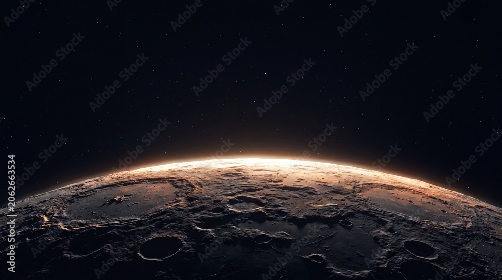 Fototapeta premium Mercury planet rocky horizon glowing with sunlight rim and cratered terrain highlighting celestial geology and cosmic beauty