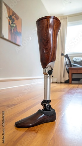 Wooden prosthetic leg stands on a shiny wooden floor in a well-lit room near window and artwork