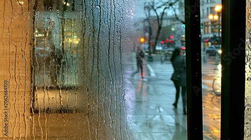 Rainy City Scene: A moody urban landscape unfolds through a window streaked with raindrops, capturing the somber beauty of a city during a downpour.