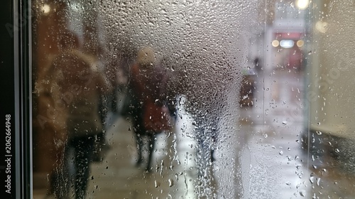 Rainy Day Reflection: Through a window beaded with raindrops, the blurry figures of people and streetlights create a moody, atmospheric scene, evoking a sense of introspection on a wet day.