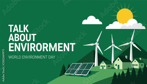 Wind Turbines and Solar Panels on Green Hillside with Sun Illustration