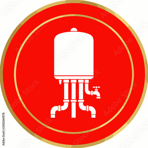 White Water Tank Icon with Pipes Inside Red Circular Emblem
