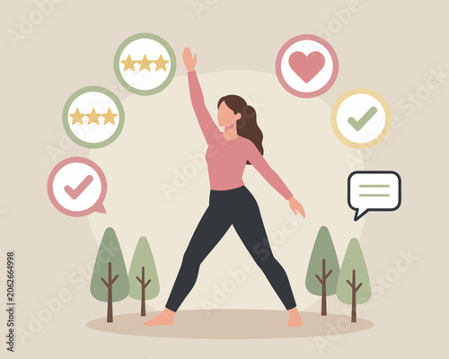 Woman Celebrating Positive Reviews in Outdoor Park Setting Illustration
