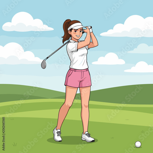 Young Woman Swinging Golf Club on Sunny Green Course