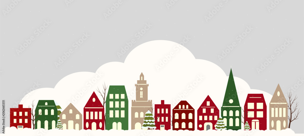 Fototapeta premium Charming Christmas village border featuring colorful houses arranged along the bottom edge. Perfect for holiday greeting cards, festive invitations, seasonal banners, winter promotions, social media