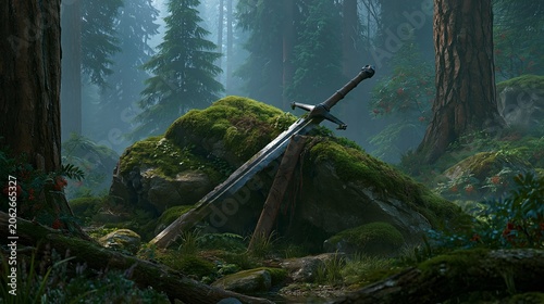 Ancient Sword in Enchanted Forest: A legendary sword rests upon moss-covered rocks and fallen logs in a mystical, mist-shrouded forest, evoking a sense of forgotten lore and epic adventure.