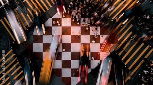 Chessboard Race: An aerial view captures a dynamic race between miniature cars on a chessboard, symbolizing strategic competition and the thrill of the chase amidst urban chaos.