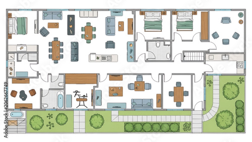 A 2D AutoCAD vector illustration of a modern office building floor plan with various rooms and green spaces