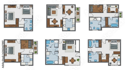 Six 2D AutoCAD Vector house floor plans showcase various room layouts