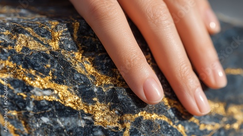 Manicured hand on polished onyx macro veins, black stone with golden veining, luxury beauty and lifestyle concept, natural light, high-end photography for wellness and spa marketing