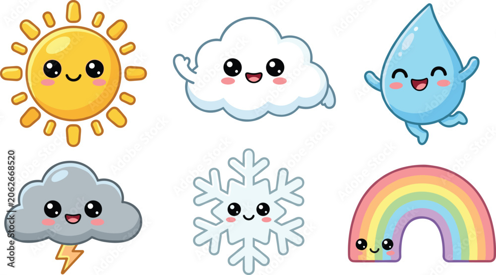 Fototapeta premium Cute Weather Character Collection Featuring Sun Cloud Raindrop Snowflake Rainbow and Seasonal Nature Elements Vector Set