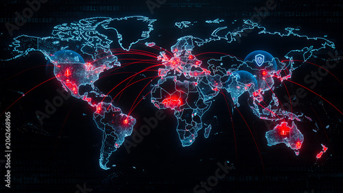 Visualization of an ongoing global cyber attack, a dark glowing 3D world map in dark blue, Dozens of animated attack vectors are shown as bright red curved lines.