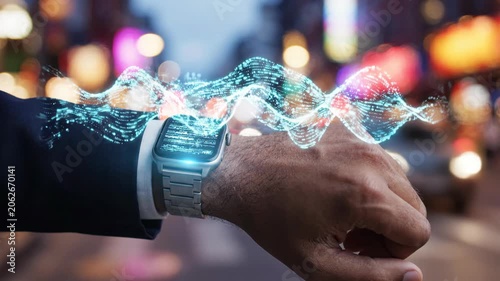 Futuristic smartwatch holographic data wave digital technology wearable device businessman hand smart city night neon light innovation cyber fintech