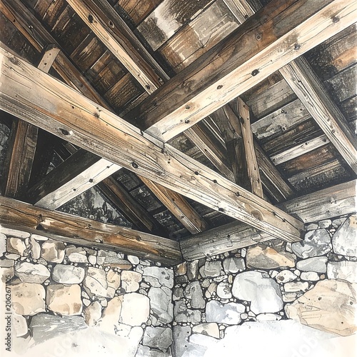 Wooden roof structure over stone wall