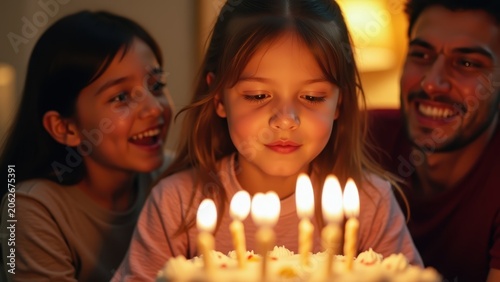 Little girl blowing birthday cake candles with family cheering, sprinkles falling slow motion, warm bokeh living room