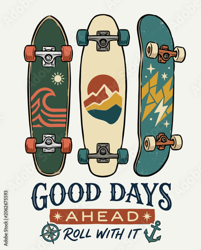Retro flat vector illustration of three cruisers with ocean, mountain, and lightning bolt graphics, featuring motivational text Good Days Ahead Roll With It on a clean white backdrop.