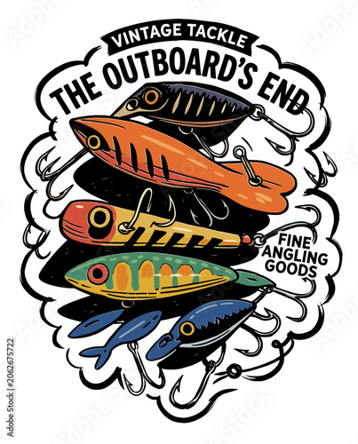 Vintage Fishing Tackle Illustration Featuring a Collection of Retro Lures and Hooks with Bold Text Reading The Outboard's End and Fine Angling Goods on a Clean White Background.