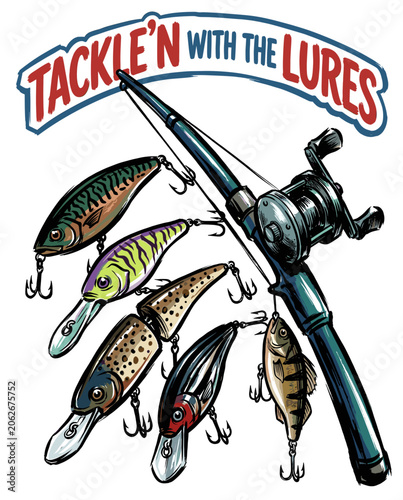 Detailed vintage style graphic illustration featuring a professional fishing rod and reel surrounded by diverse colorful lures and hooks with artistic text on a white background.