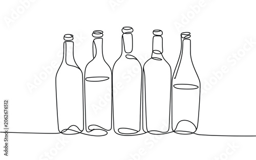 Five empty glass bottles in a line drawing